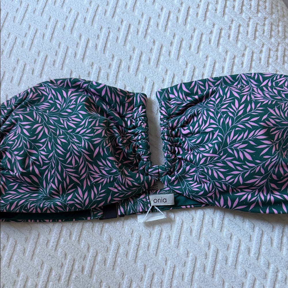 Onia Bandeau Swim Top in Green with Pink Leaf Pattern